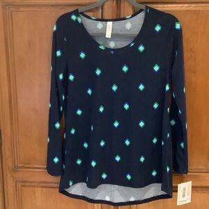 LuLaRoe women’s Navy Long-Sleeve Scoop Neck Top with Teal Diamond Print